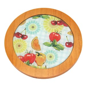 7.5 in. Round Tempered Glass Trivet Serving Board, Fruit Pattern with Solid Wood Trim