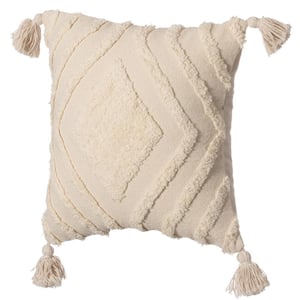 16 in. x 16 in. White Handwoven Cotton Throw Pillow Cover with White Tufted Large Chevron Pattern and Tassel Corners