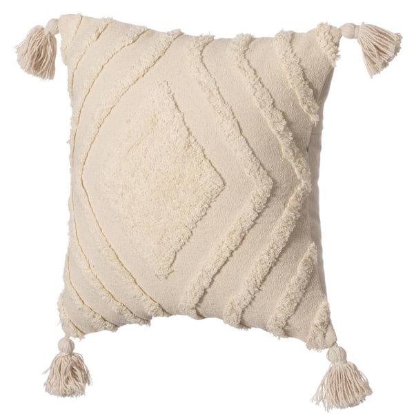 DEERLUX 16 in. x 16 in. White Handwoven Cotton Throw Pillow Cover with White Tufted Large Chevron Pattern and Tassel Corners