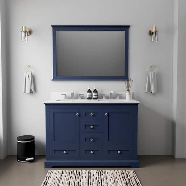Lexora Dukes 48 in. W x 22 in. D Navy Blue Double Bath Vanity, Cultured Marble Top, and 46 in. Mirror