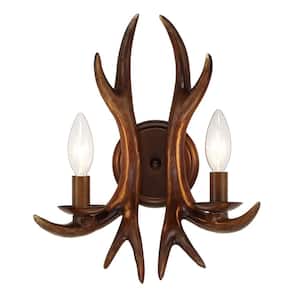 Colmar 11 in. 2-Light Brown Vanity-Light with Deer Antler Design