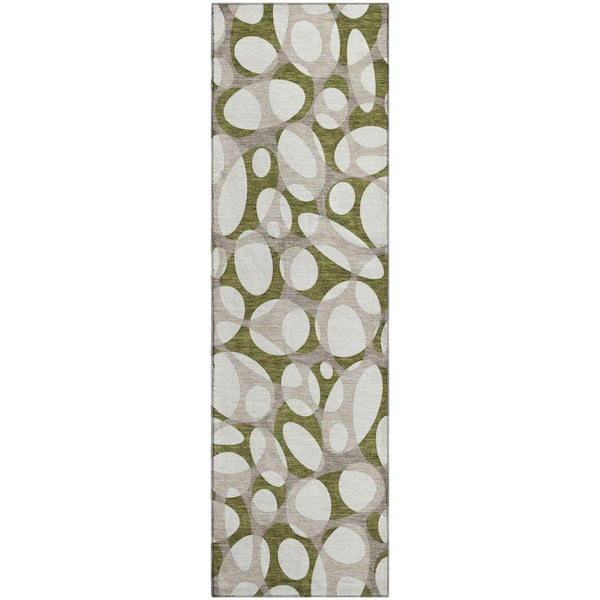 Mayfield Premium Machine Washable Abstract AMF2536 Olive 2 ft. x 7 ft. Runner Rug