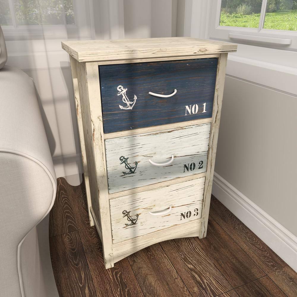 White and Blue Wood Nautical Night Table with Rope Handles