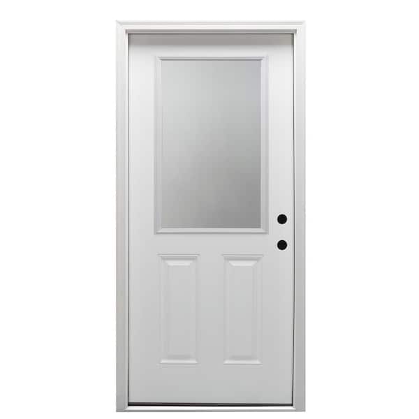 MMI DOOR 34 in. x 80 in. Left-Hand Inswing 1/2-Lite Clear 2-Panel Classic Primed Fiberglass Smooth Prehung Front Door