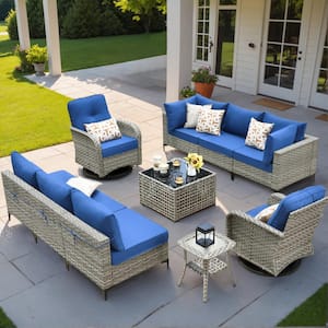 Holston 10-Piece Wicker Outdoor Patio Conversation Sofa Sectional Set with Swivel Rocking Chairs and Navy Blue Cushions