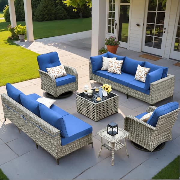 HOOOWOOO Holston 10-Piece Wicker Outdoor Patio Conversation Sofa Sectional Set with Swivel Rocking Chairs and Navy Blue Cushions