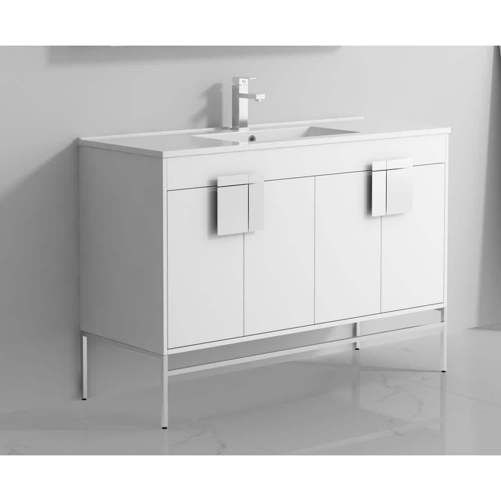 47" White Minimalistic Single Sink Bathroom Vanity with Ceramic Top