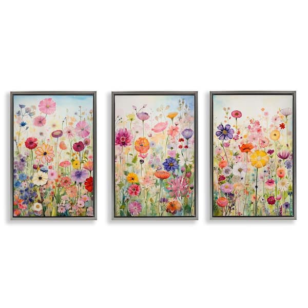 Bold Flower Meadow Horizon by RB 3 Pieces Gray Floater Frame Nature Graphic Art Print 31 in. x 21 in.