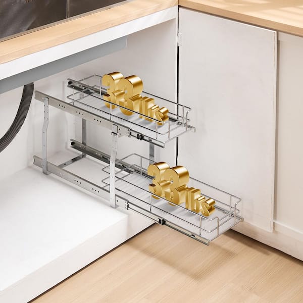 Pull-Out Cabinet Organizer, Slide-Out Pantry Shelf, Chrome Steel Roll-Out Drawer, Fits 10 x 22 x 19 in. Spaces, Kitchen