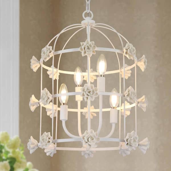 French Country White Cage Bedroom Chandelier with Ceramic Flowers, Traditional Farmhouse 4-Light Dining Room Light