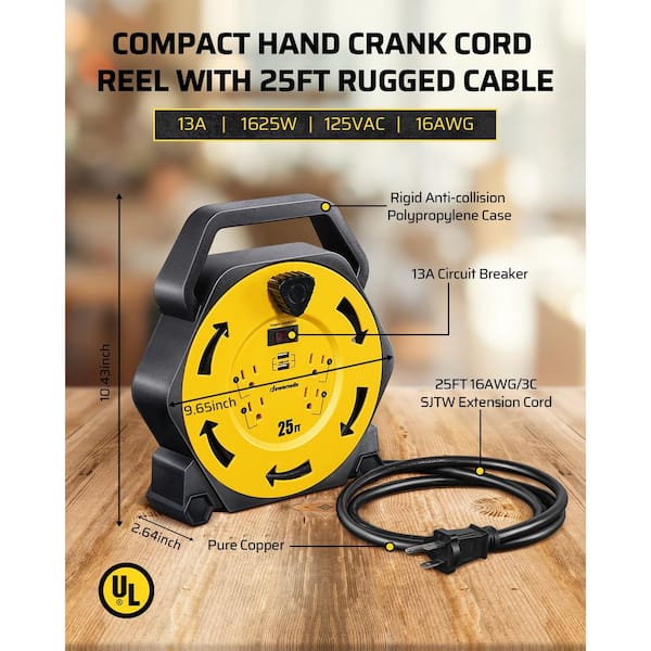 DEWENWILS Heavy Duty 25 16/3 SJTW 13 Amp Retractable Hand Wind