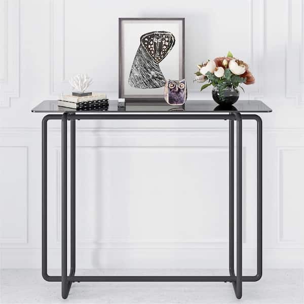anpport 34.65 in. Black Rectangle Single Layer Tempered Glass Rectangular Console Table