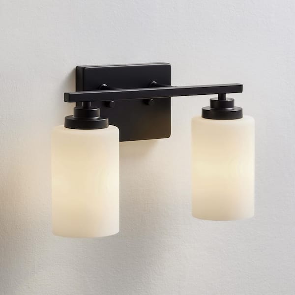 13 in. 2-Light Black Vanity Light with Frosted White Glass Shade