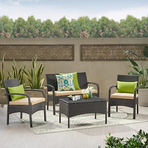 4-Piece Brown Wicker Patio Conversation Set with Beige Cushions