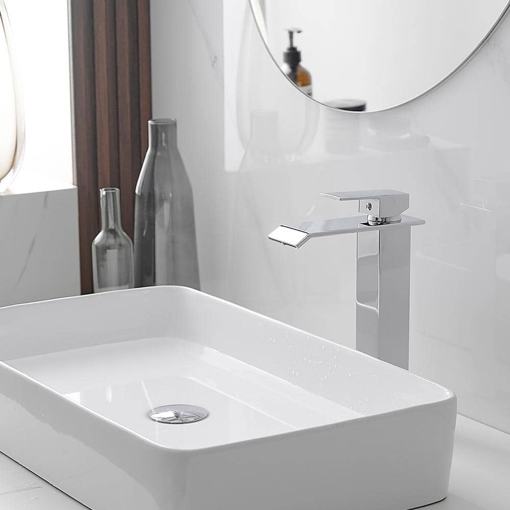 Polished Chrome Waterfall Vessel Sink Faucet with Pop-Up Drain