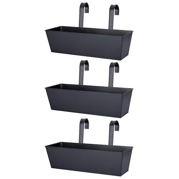 16 in. Railing Planter Metal Hanging Planters with Adjustable Wide Hooks for 2.7 in. Railings Planters, Black 3-Pack