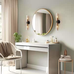Transitional Cylinder Bathroom Vanity Light 2-Light Modern Black and Plating Brass Wall Light with Seeded Glass Shades
