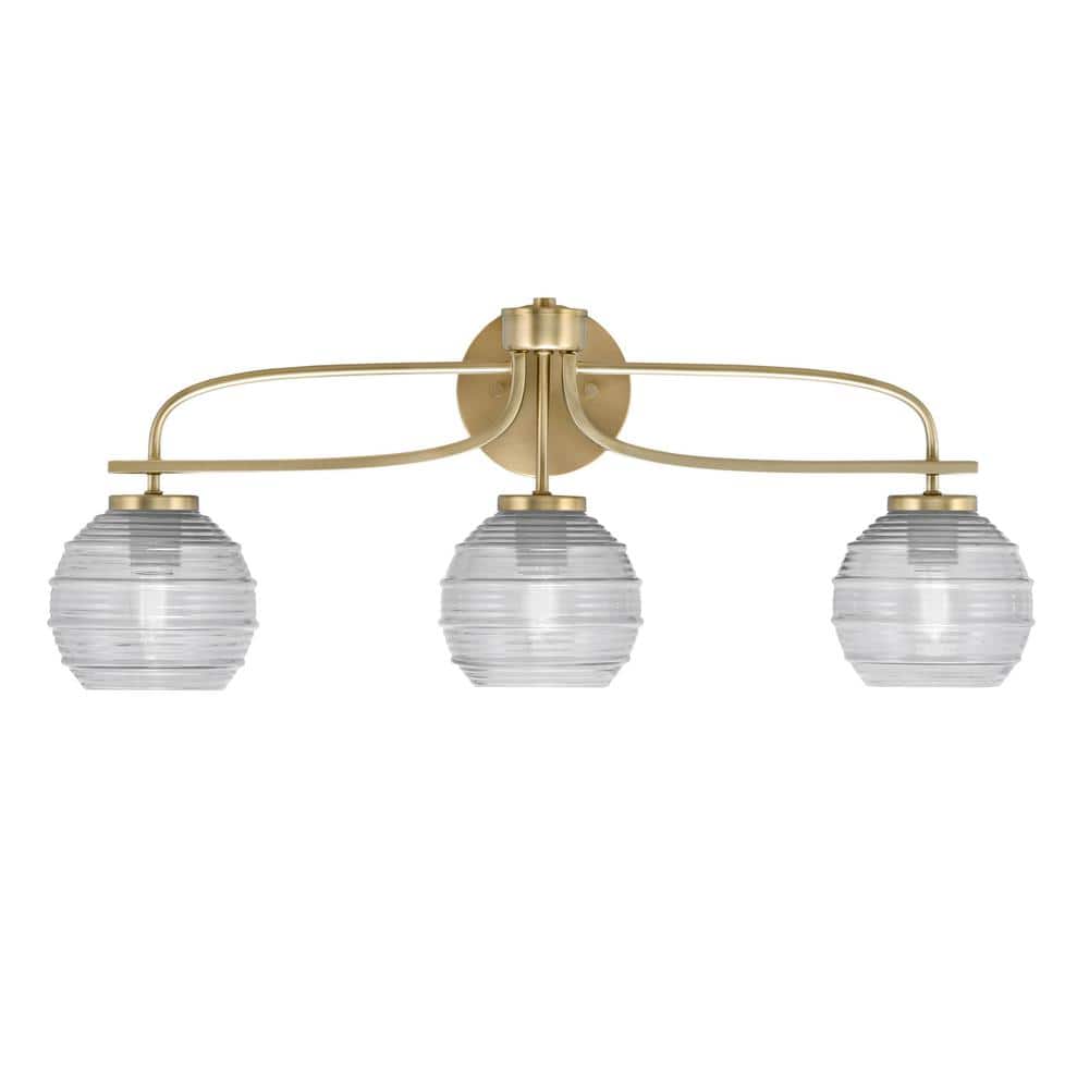 Olympia 27.25 in. 3-Light New Age Brass Vanity Light Clear Ribbed Glass Sha