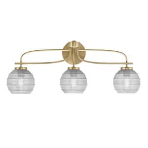 Olympia 27.25 in. 3-Light New Age Brass Vanity Light Clear Ribbed Glass Shade