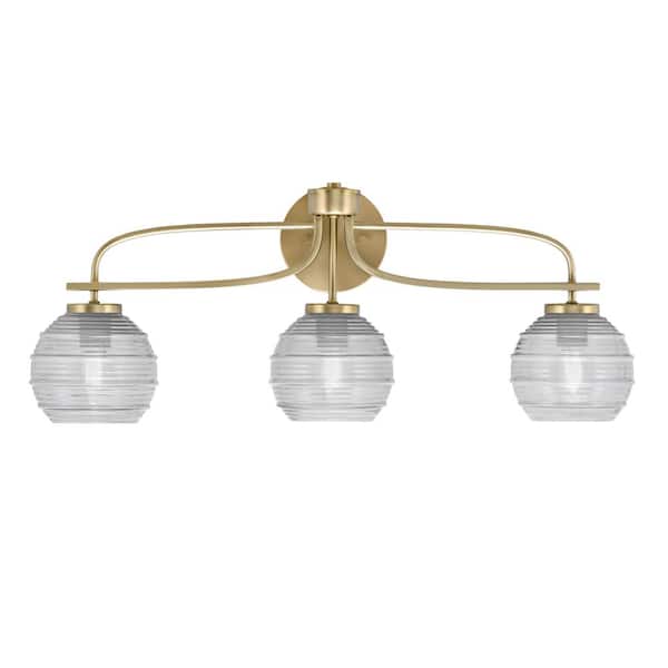 Unbranded Olympia 27.25 in. 3-Light New Age Brass Vanity Light Clear Ribbed Glass Shade