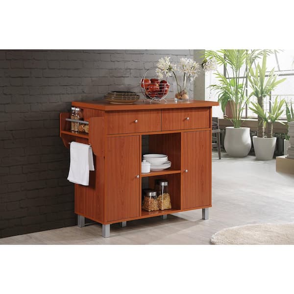 HODEDAH Kitchen Island Cherry with Spice Rack and Towel Holder