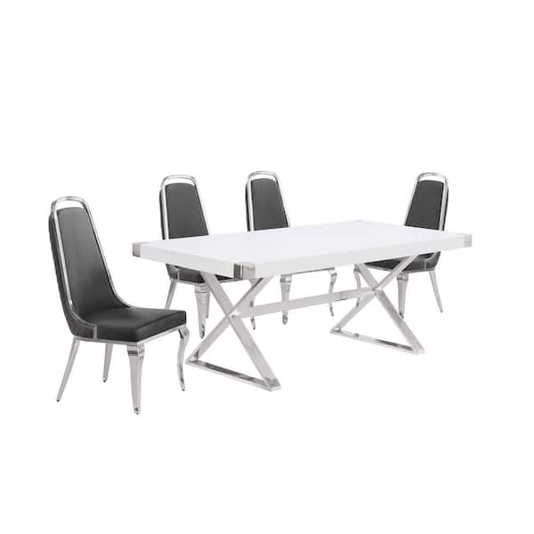 Best Quality Furniture Miguel 5-Piece Rectangle White Wood Top Silver Stainless Steel Dining Set with 4-Dark Grey Velvet Chairs.