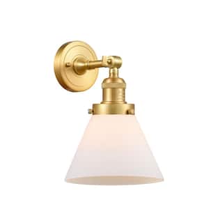 Franklin Restoration Cone 8 in. 1-Light Satin Gold Wall Sconce with Matte White Glass Shade