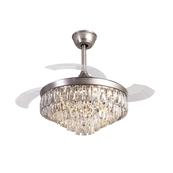 42 in. Indoor Silver Modern Crystal LED Ceiling Fan with Remote and Wall Control, 3 Retractable ABS Blades