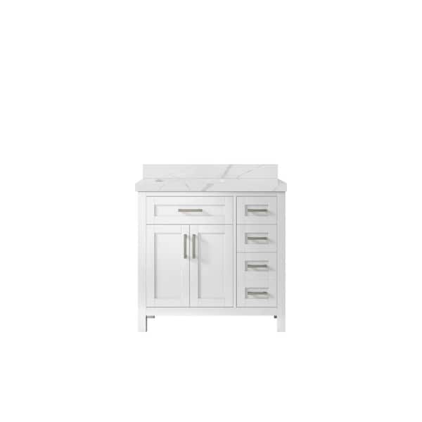 Willow Collections Cambridge 36 in. W x 22 in. D x 36 in. H Left Offset Sink Bath Vanity in White with 2 in. Calacatta Quartz Top