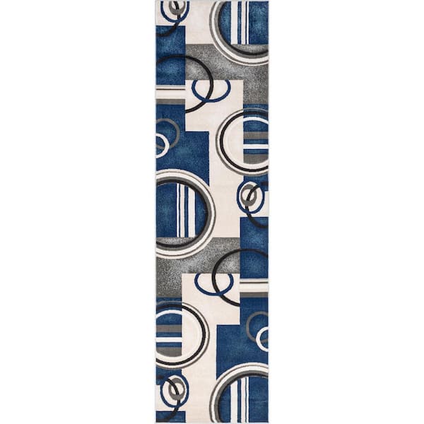 Dark Blue 2 ft. 7 in. x 9 ft. 10 in. Good Vibes Belle Modern Geometric Abstract Runner Area Rug
