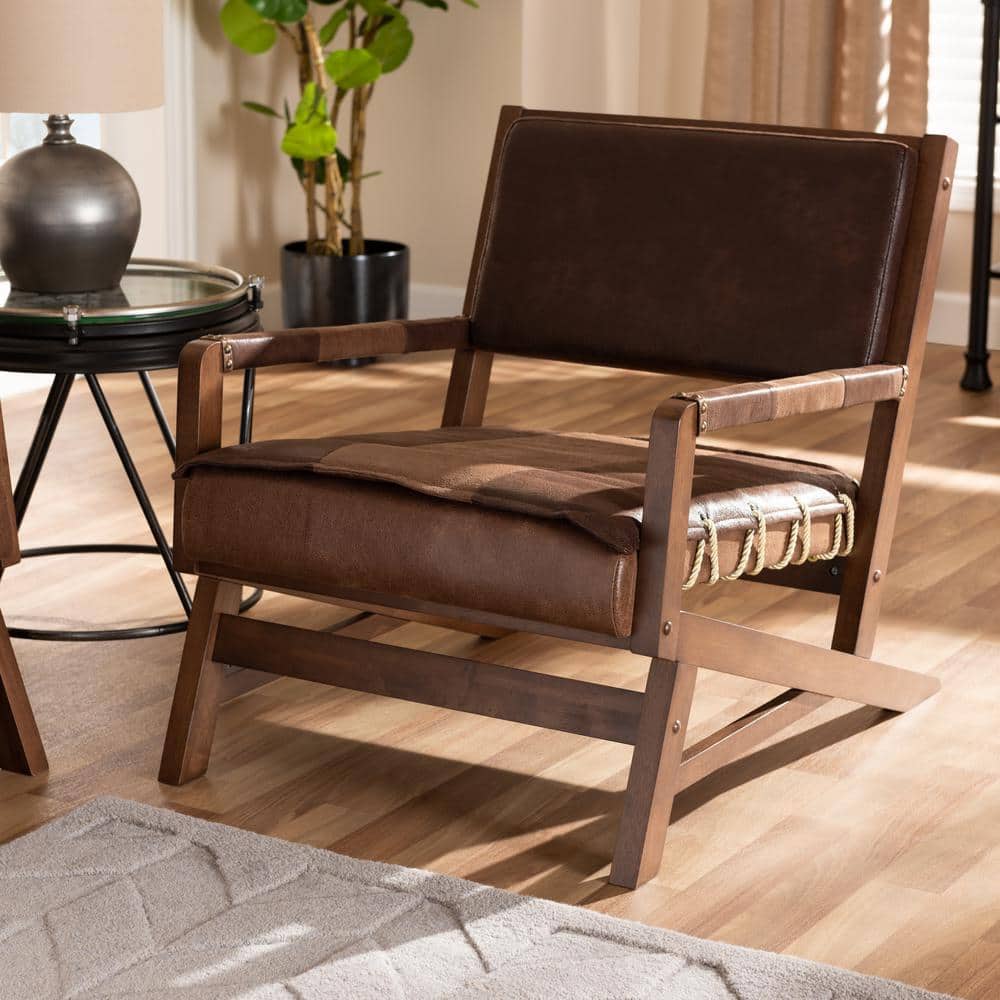 Rovelyn Rustic Brown Faux Leather & Walnut Wood Accent Chair