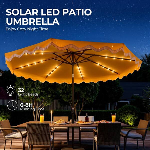 auto tilt patio umbrella with led lights XIZZI Siesta 10 ft. Steel Market Solar LED Patio Umbrella Crank and Auto-Tilt Patio Umbrella in Yellow