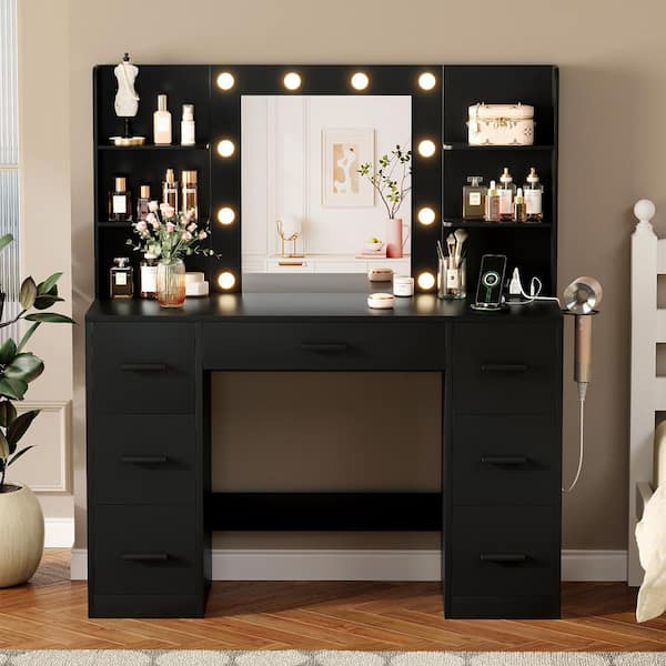 Makeup Vanity With Lights in 3-Colors, Vanity Desk with Large Mirror, Drawers and Shelves, Black