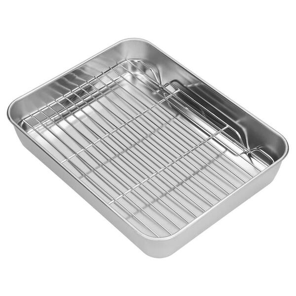 Stainless Steel Roasting Pan Set Nonstick Rectangular Roaster Silver Finish Oven Safe with Rack for Cooking