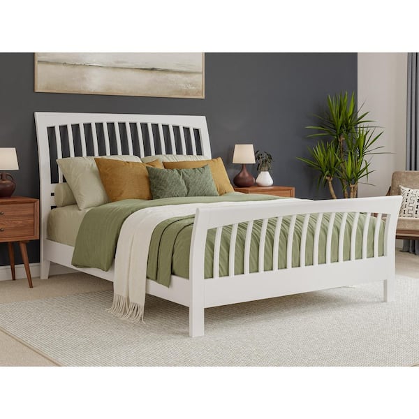 AFI Orleans White Solid Wood Frame Queen Low Profile Sleigh Platform Bed with Matching Footboard