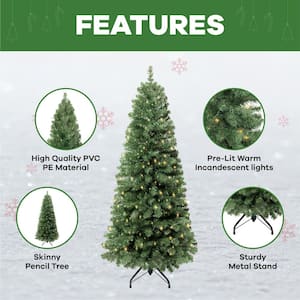 4.5 ft. Skinny Prelit Slim Artificial Christmas Tree with 444 Branch Tips, 150 Warm Lights and Metal Stand
