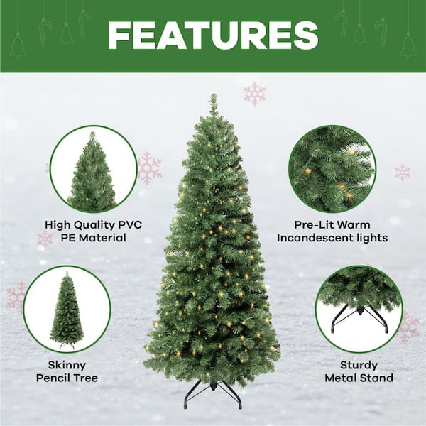 HOMESTOCK 7.5 ft. Skinny Prelit Slim Artificial Christmas Tree with ...