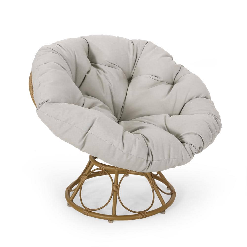 Light Brown Steel Papasan Lounge Chair with Beige Cushions