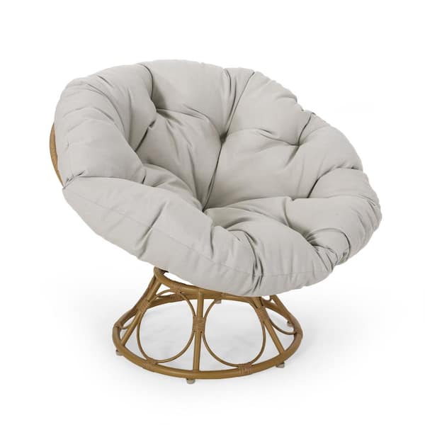 Raylea Swivel Faux Rattan Outdoor Patio Papasan Lounge Chair with Beige Cushion