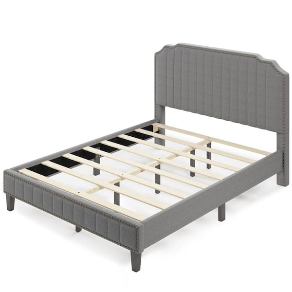 CIPACHO 64 in. W Gray Queen Linen Solid Wood Frame Curved Upholstered Platform Bed