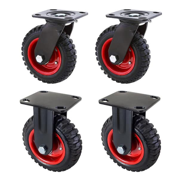 6 in. Plate Caster Wheels (2 Swivel and 2 Fixed), Heavy-Duty Plate Casters with Rubber Knobby Tread (4-Pack)