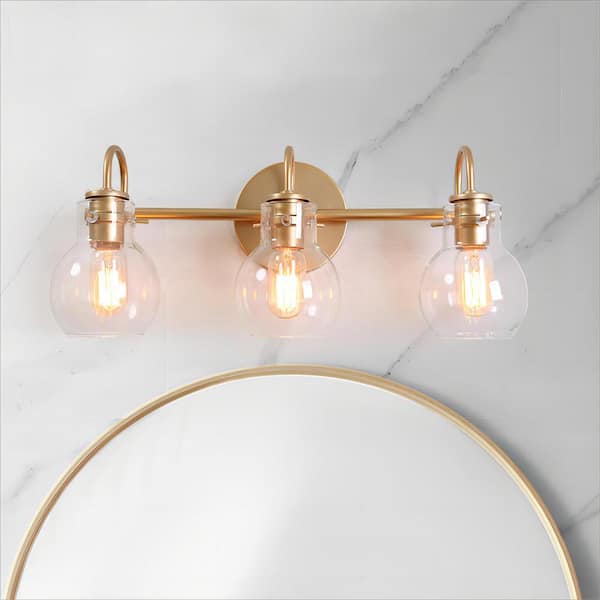LNC Stockton Modern 3-Light Gold Bathroom Vanity Light Powder Room Wall Sconce with Clear Globe Glass Shades
