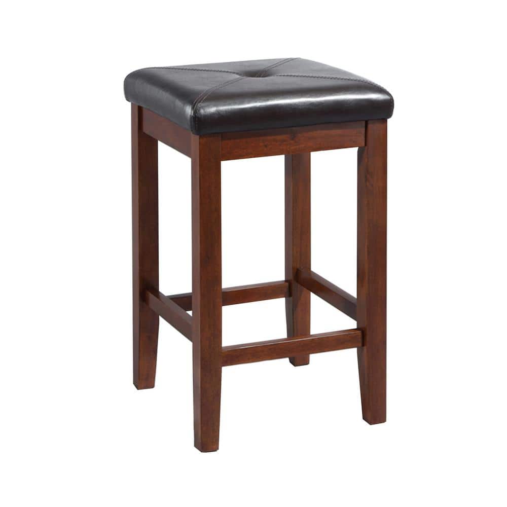 Vintage Mahogany 24" Backless Wood and Leather Counter Stools