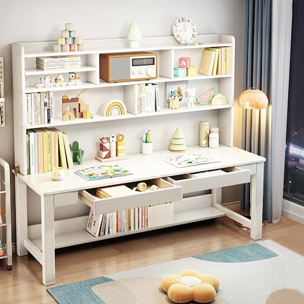 63 in. W White Kids Study Desk with Hutch, Wooden Writing/Computer Desk, Dual-Position Kids Desk with Drawers for Home