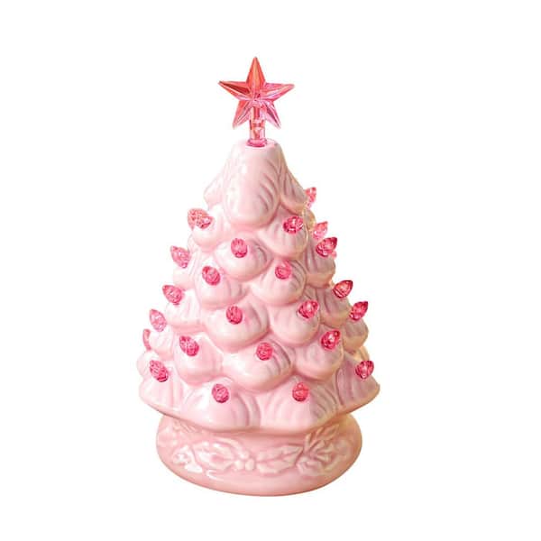 7 in. Pink Ceramic Christmas Tree, Prelit Tabletop Christmas Tree with Extra Clear Top Star & Bulbs