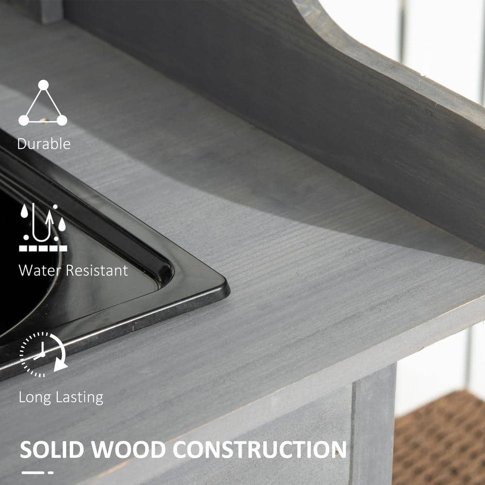 Gray Wooden Outdoor Potting Bench with Sink and Storage