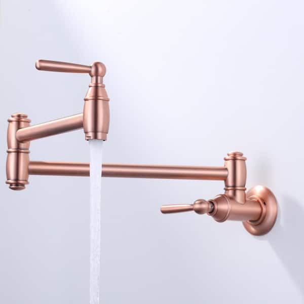 Brass Wall Mount Pot Filler with Brass Valve, 2-Handles, Double Joint Swing Arms and 2-Aerators in Copper