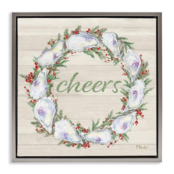 Stupell Industries Shells and Holly Cheers by Paul Brent Gray Floater Frame Typography Graphic Art Print 18 in. x 18 in.