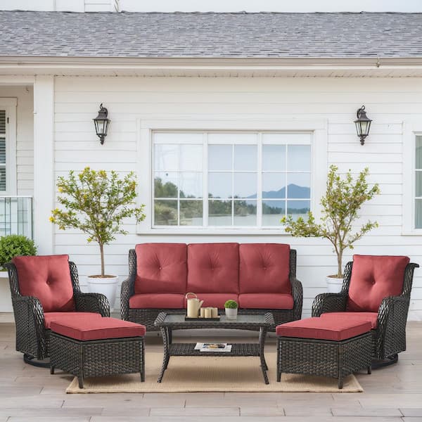 Carlos 6-Piece Brown Wicker Patio Conversation Set with Outdoor Swivel Chairs, CushionGuard Red Cushion and Ottomans