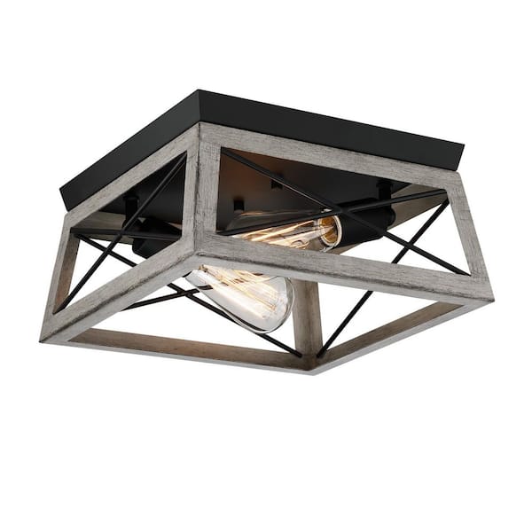 Uixe 12 in. 2-Light Weathered Wood Kitchen Farmhouse Ceiling Light Flush Mount